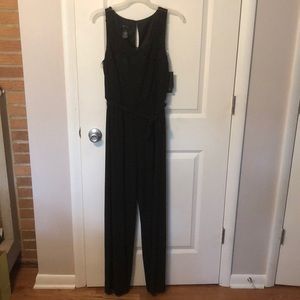 AB Studio lace trimmed sleeveless black jumpsuit